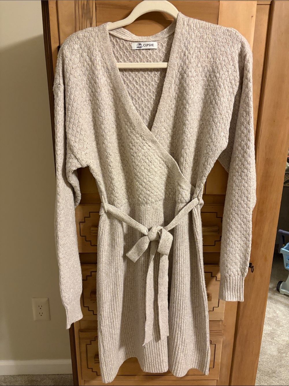 Cupshe Beige/Cream Knit Wrap V-Neck Sweater Dress